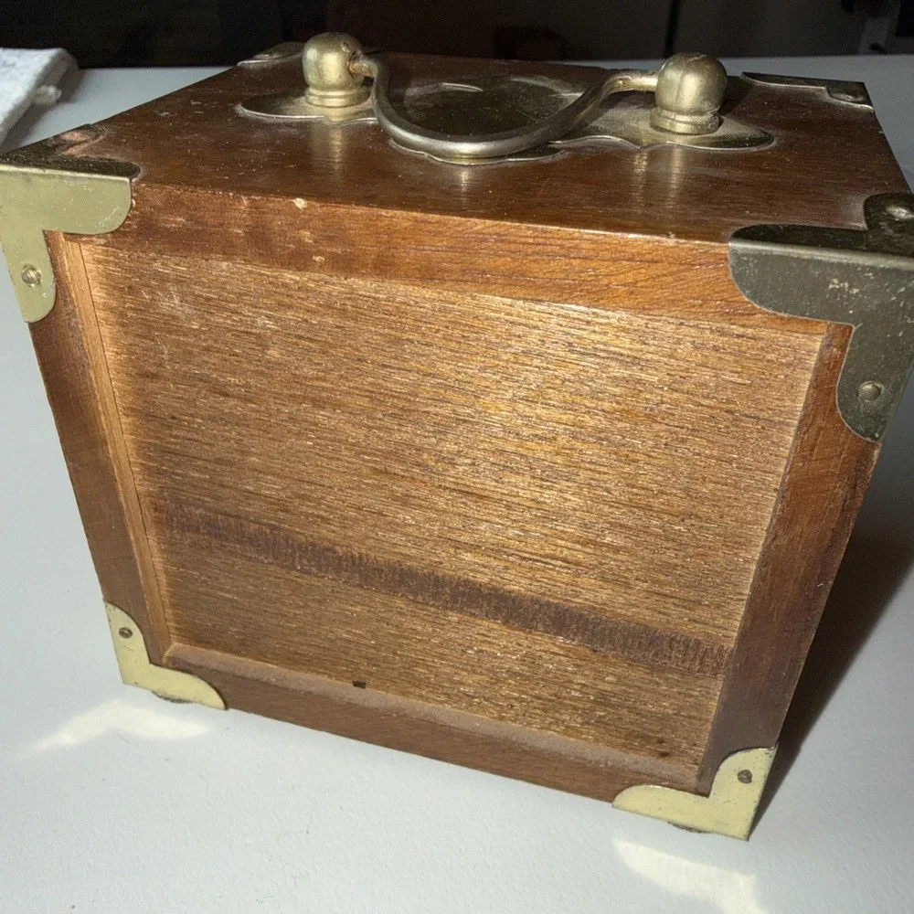 Vintage Wood‎ Cork Coaster Set 8 Mid Century Metal Trim Accents Handle